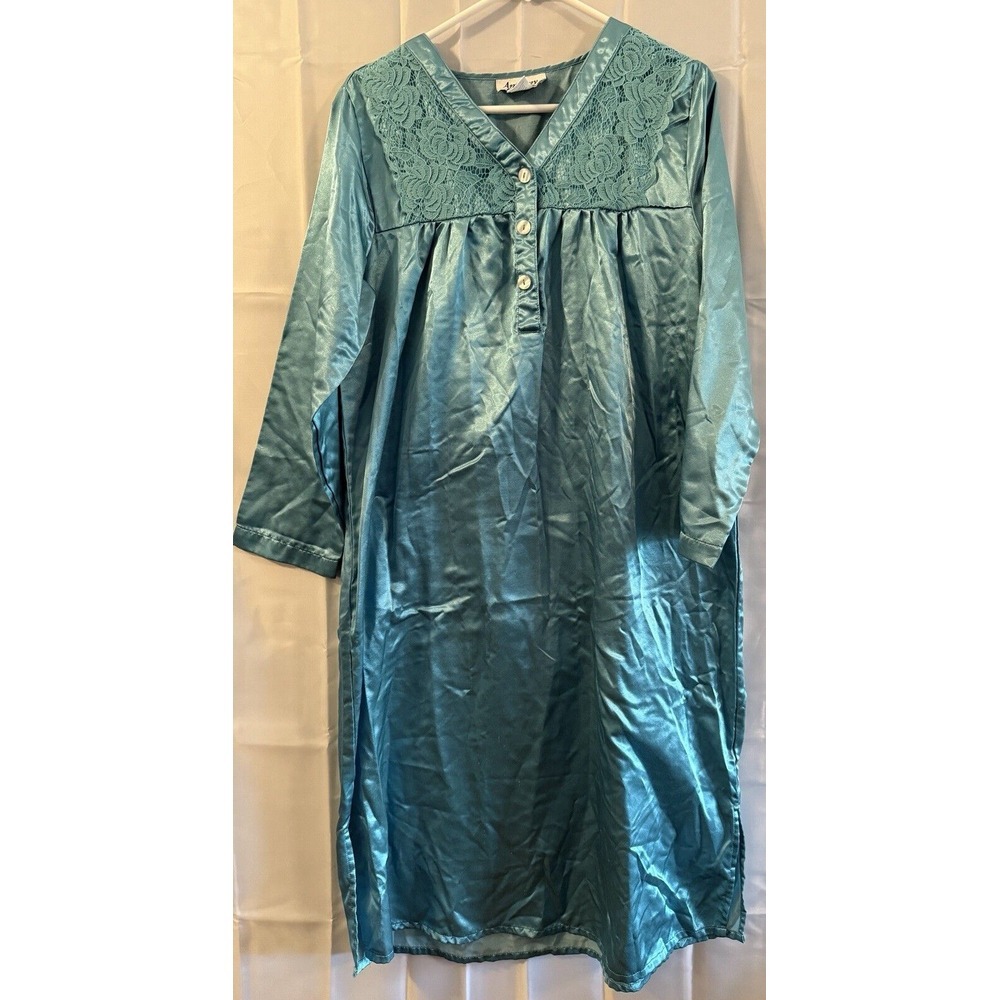 ANTHONY RICHARDS Teal Satin Lace Nightgown Modest Grandma Pajamas M Vintage